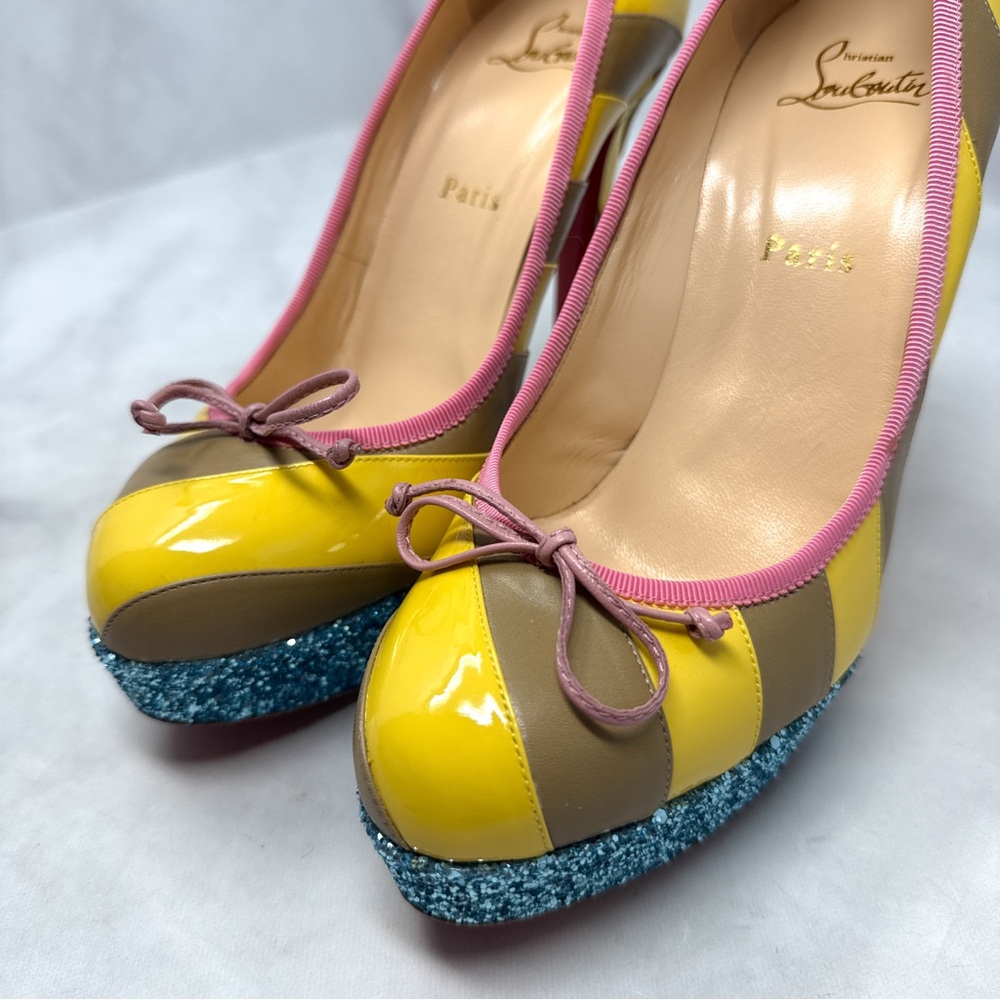 Christian Louboutin Foraine 140 Bow Striped Leather Glitter Platform Pumps Heels - Picture 6 of 16